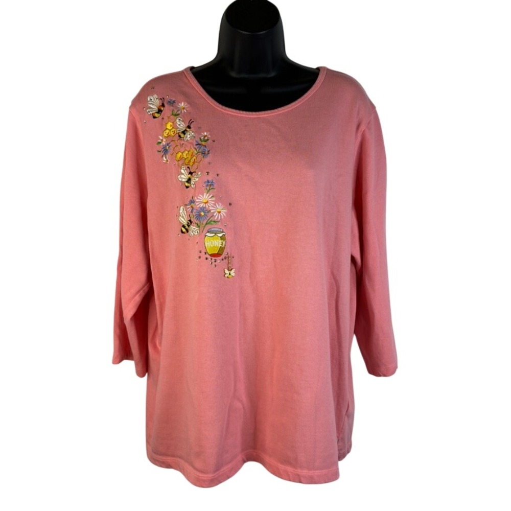 Quacker Factory Pink Bee Honey Flower Embroidered Rhinestone Cotton Top XL